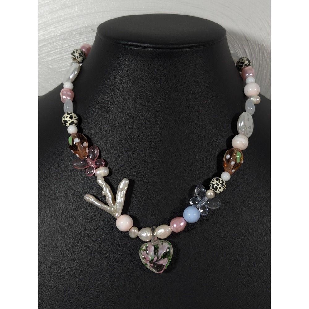 Artisan Lampwork Glass Heart Pearl Beaded Necklace Floral Cottagecore 19"